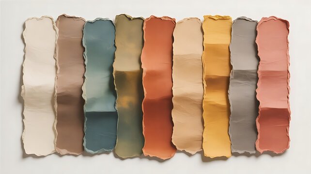 Colorful torn paper strips arranged in a row showcasing a variety of shades and hues without any background distractions making a visually appealing composition 