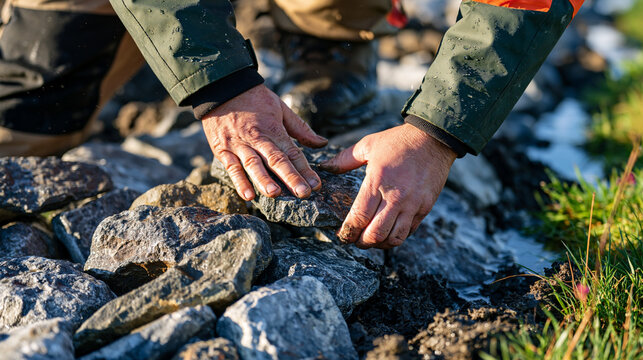 A drystone waller works in falling rain on a rural road verge, candid unposed moment showing weathered hands pressing a capstone into position on a rebuilt field boundary wall as rain beads on a wax