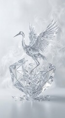 Obraz premium Crystal geometric origami crane emerging from shattered glass diamond