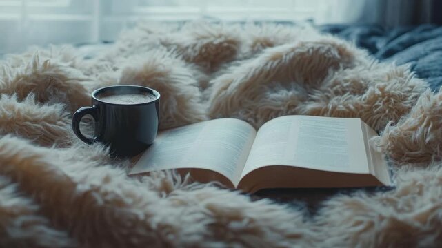 This shows a peaceful reading scene with a book open on a fluffy blanket and a cup of coffee next to it. The setting suggests relaxation and enjoyment of literature.