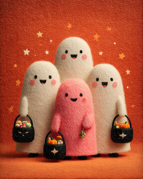 Group of cute kawaii ghost pink Halloween