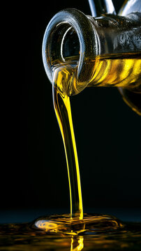 An illustration of olive oil, with olive oil pouring from a glass bottle. Rustic-style presentation.