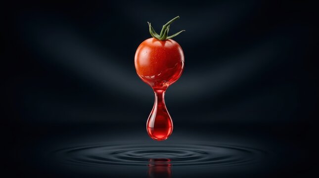 Fresh red tomato dripping juice drop above liquid surface
