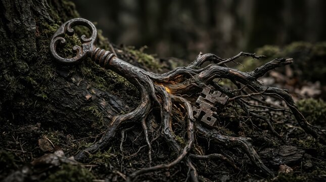 Vintage skeleton key merging with tree roots in a forest