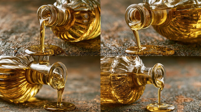 An illustration of olive oil, with olive oil pouring from a glass bottle. Rustic-style presentation.