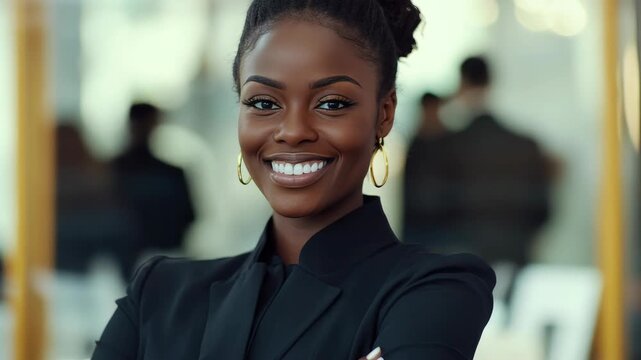 A young woman with a smile on her face wearing a professional suit and standing confidently with arms crossed.