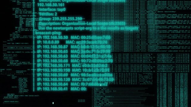 Scrolling Computer Programming Code and IP Addresses on Dark Background
