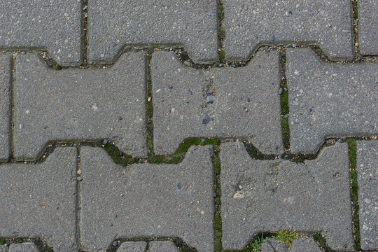 Grey interlocking concrete paving stones with green moss and weeds growing in the joints. Urban street floor pattern background with copy space