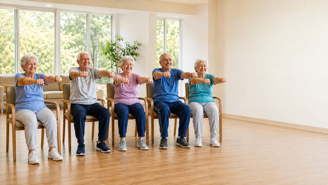 Five elderly adults doing seated exercises in a nursing home, group physical activity to strengthen mobility, balance, vitality, autonomy and well-being in old age.