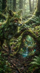Obraz premium Fox covered in moss and plants standing by a magical forest portal