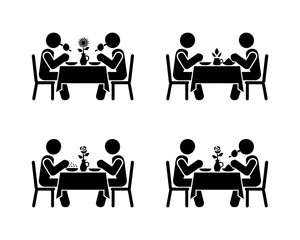 Fototapeta premium Minimalist black and white family dining together at table with tea and flowers vector illustration