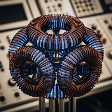 Intricate copper toroid coils arranged within a scientific apparatus, highlighting electrical engineering and technological innovation.