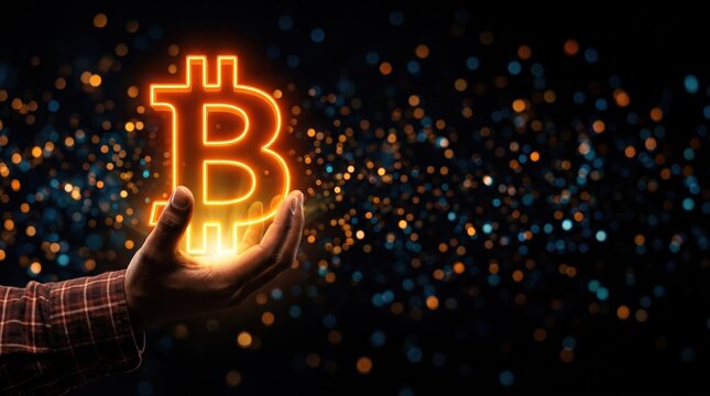 Hand Holding Glowing Bitcoin Symbol Against Dark Background With Bokeh Lights Representing Cryptocurrency Investment