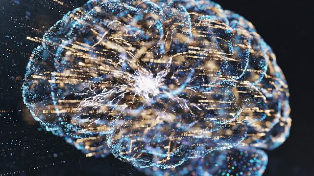 A glowing digital representation of a human brain with particles exploding in a dark background