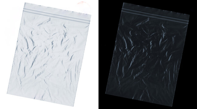 Transparent plastic zip bag mockup, wrinkled polyethylene pouch on white and black background, clear resealable storage bag