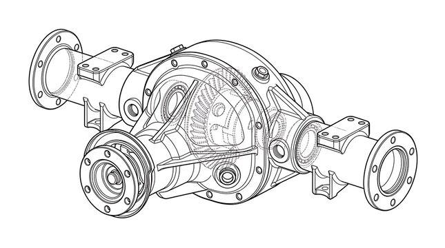 Technical engineering illustration showing mechanical automotive differential gearbox assembly