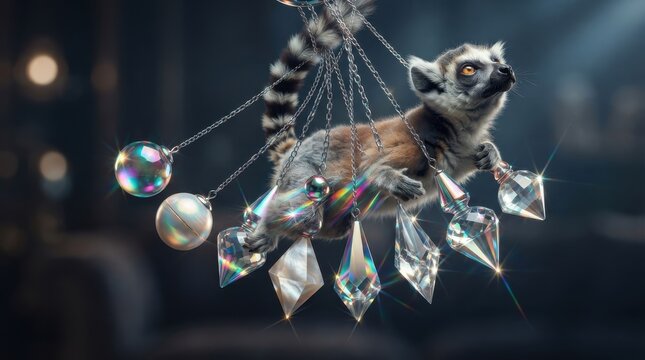 Ring-tailed lemur holding hanging crystal prisms and glass orbs