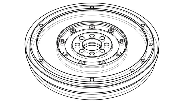 Technical engineering blueprint illustration of circular mechanical flywheel component