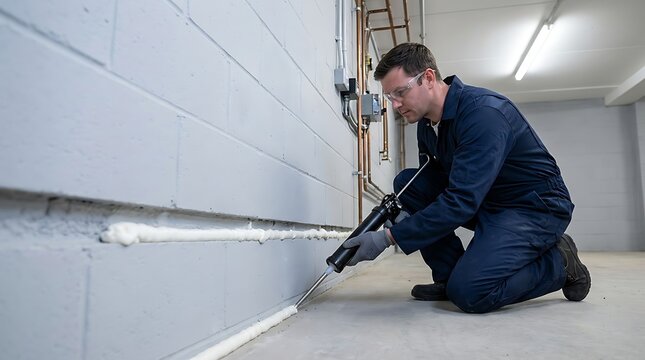 Construction worker wearing blue overalls and safety glasses applies sealant foam to wall base in basement with caulking gun.