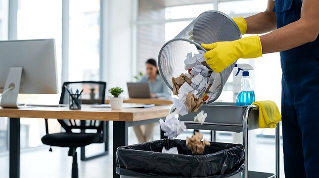 Office cleaner emptying paper trash from bin into larger garbage container with cleaning cart and supplies nearby, selective focus.
