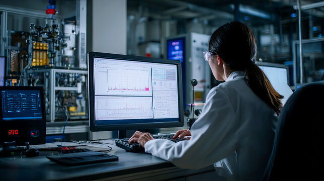 Female scientist in a lab coat analyzes data on a computer screen in a modern laboratory with scientific equipment and machinery in the background