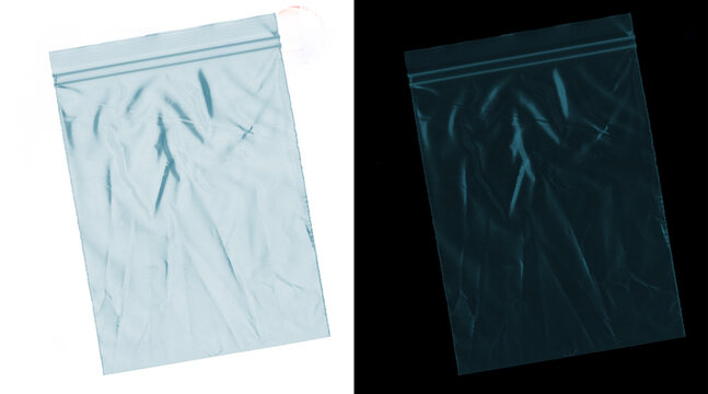 Transparent plastic zipper bag mockup, wrinkled poly bag textures on white and black backgrounds, clear resealable storage pouch