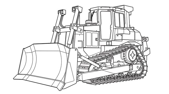 Black and white line drawing of a heavy duty industrial earthmoving bulldozer