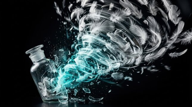 Glass bottle exploding with feathers and turquoise light swirl