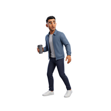 3D graphic of a casual guy with a coffee to go looking back over his shoulder feeling startled