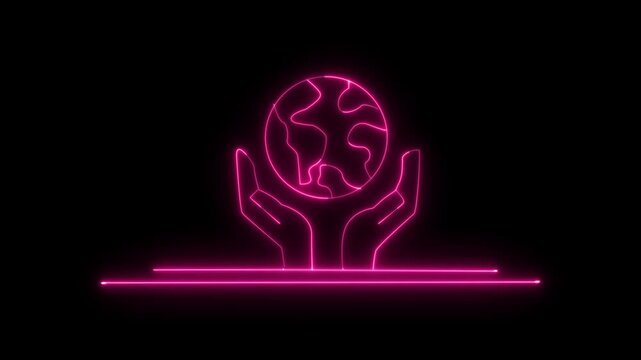 Glowing neon line Human hands holding Earth globe icon isolated animation .World humanitarian day. Animated vector illustration of hand and moving globe 4K video animation.