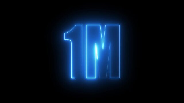 1m one million neon glowing text animation on black background, 1 Million achievement for social media 4K video animation.