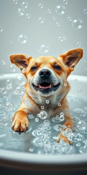 Bubbles surround a playful dog as it enjoys a relaxing bath, foamy friends, tub time