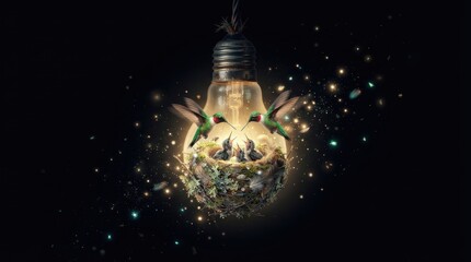 Obraz premium Hummingbird family nesting inside glowing light bulb