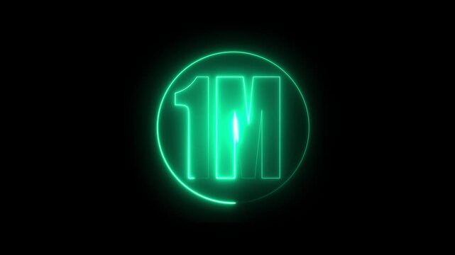 1m one million neon glowing text animation on black background, 1 Million achievement for social media 4K video animation.