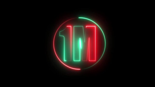 1m one million neon glowing text animation on black background, 1 Million achievement for social media 4K video animation.