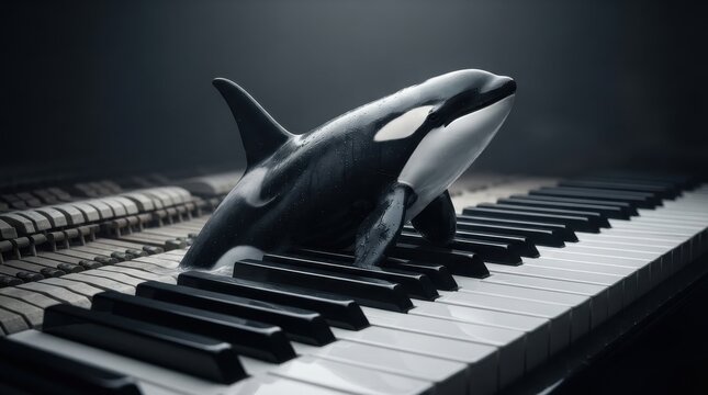 Orca whale emerging from piano keys