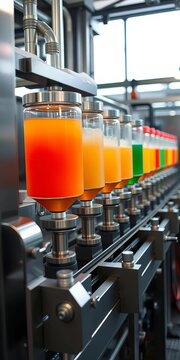 Beverage production line machinery operating smoothly, operation, automation