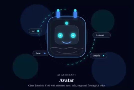 Futuristic AI assistant robot avatar character animation with glowing cyan face floating rings and UI tags
