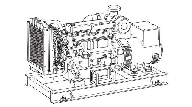 Industrial diesel power generator unit technical line drawing illustration