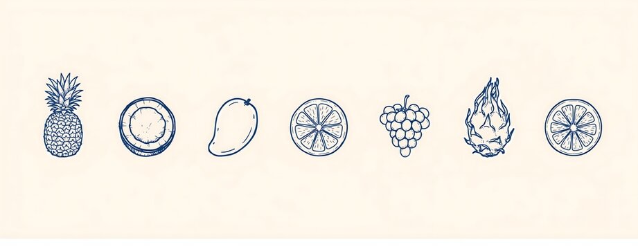 A horizontal row of tropical fruit icons line art vector including pineapple coconut mango grape citrus dragon fruit