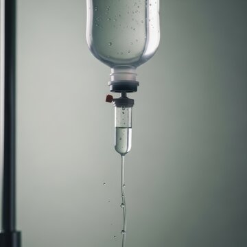 Medical intravenous fluid bag hanging on a drip stand with liquid dripping, healthcare treatment concept