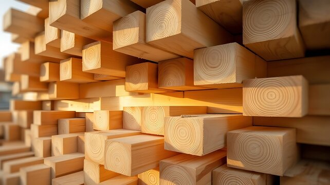 Large stack of sawn timber beams in a lumber yard warehouse showing detailed wood grain texture and natural patterns for construction projects