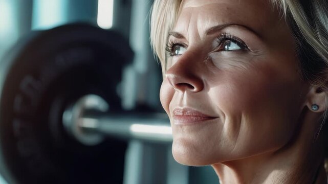 Close-up of a woman focused on lifting weights in the gym