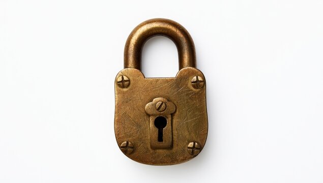 Antique Brass Padlock Isolated on White Background.