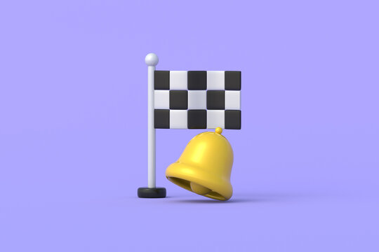 Announcing upcoming races. Notification of successful achievement of business deadline. Message of completion of an important stage. Bell beside checkered finish flag. 3d render