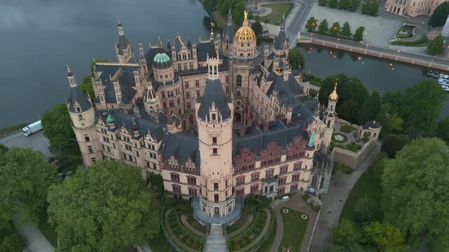 Aerial drone view of Schwerin Castle, Schloss Schwerin, in Schwerin Germany. Neo-Renaissance castle on an island.