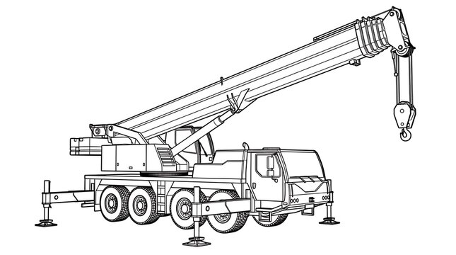 Black and white line art illustration of a heavy duty mobile construction crane