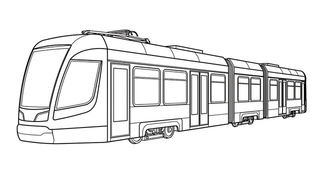 Modern articulated tram vehicle outline drawing for urban transportation design