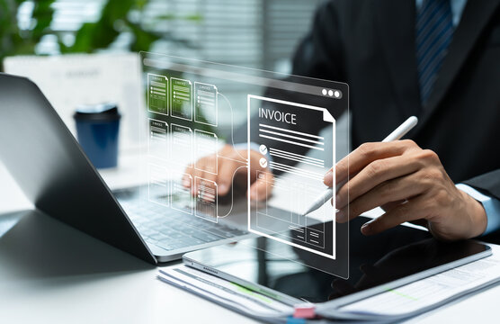 Businessman managing digital invoices, accounting, billing, payment processing, bookkeeping, and automated financial workflows for efficient business operations.