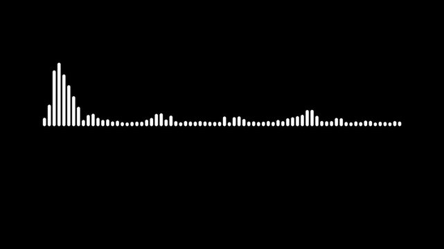 Digital music waveform animation, white sound frequency visualization,  minimalist digital frequency equalizer for music production, streaming media on black screen background.4k video